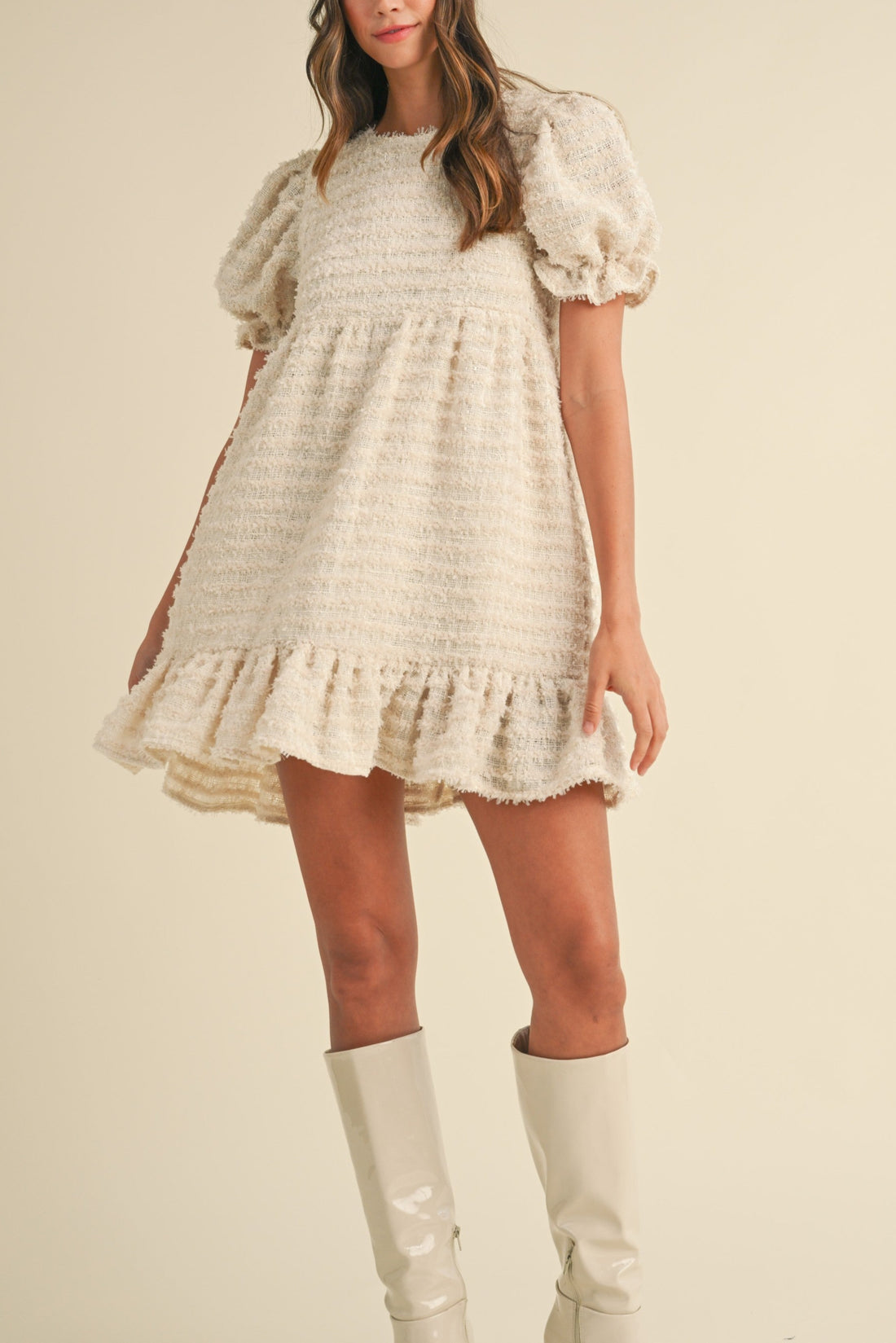 Soft Frayed Textured Babydoll Mini Dress