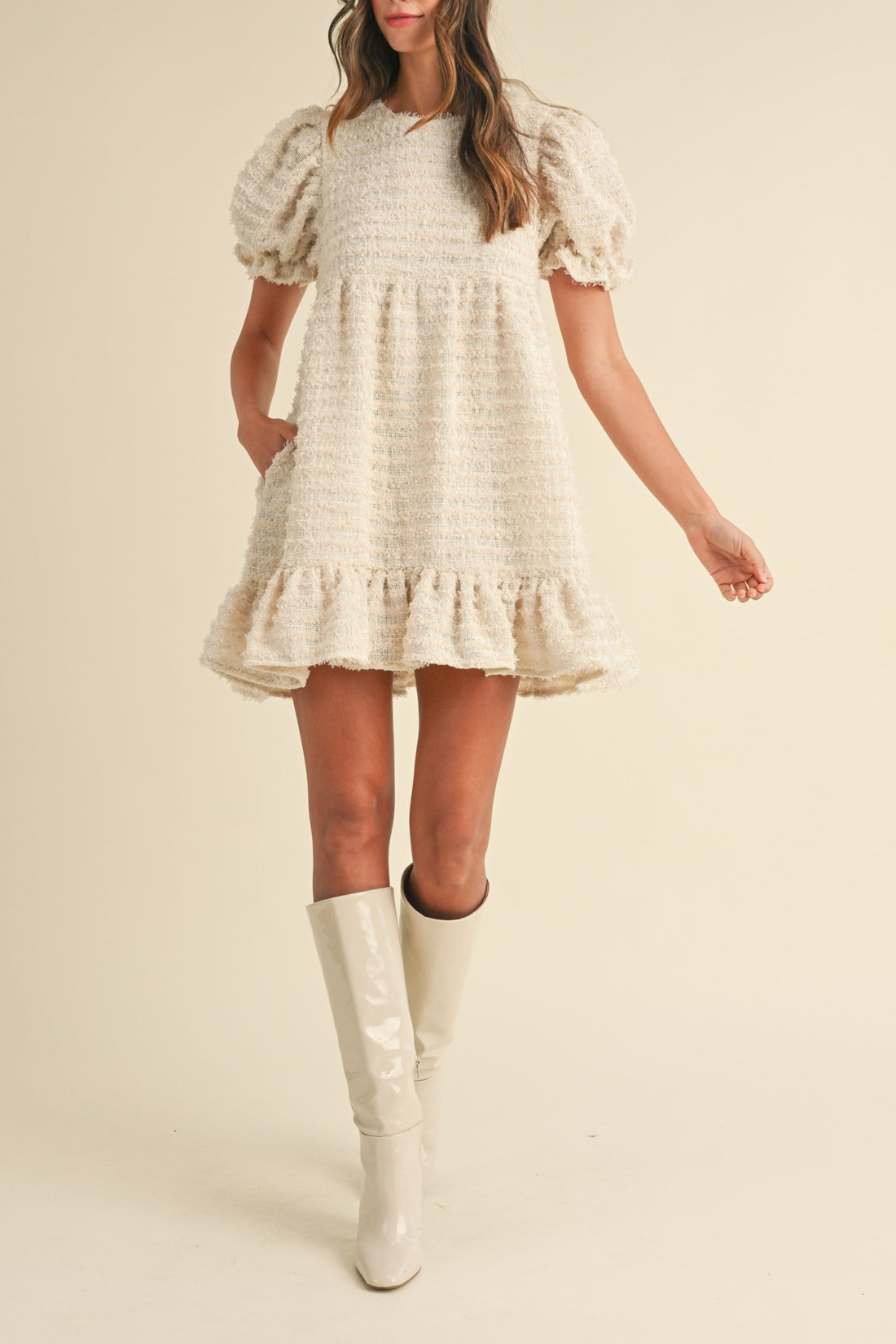 Soft Frayed Textured Babydoll Mini Dress