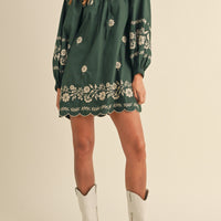 Embroidered Long Sleeves Shift Mini Dress