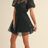 Textured Mesh Puff Sleeve Babydoll Dress