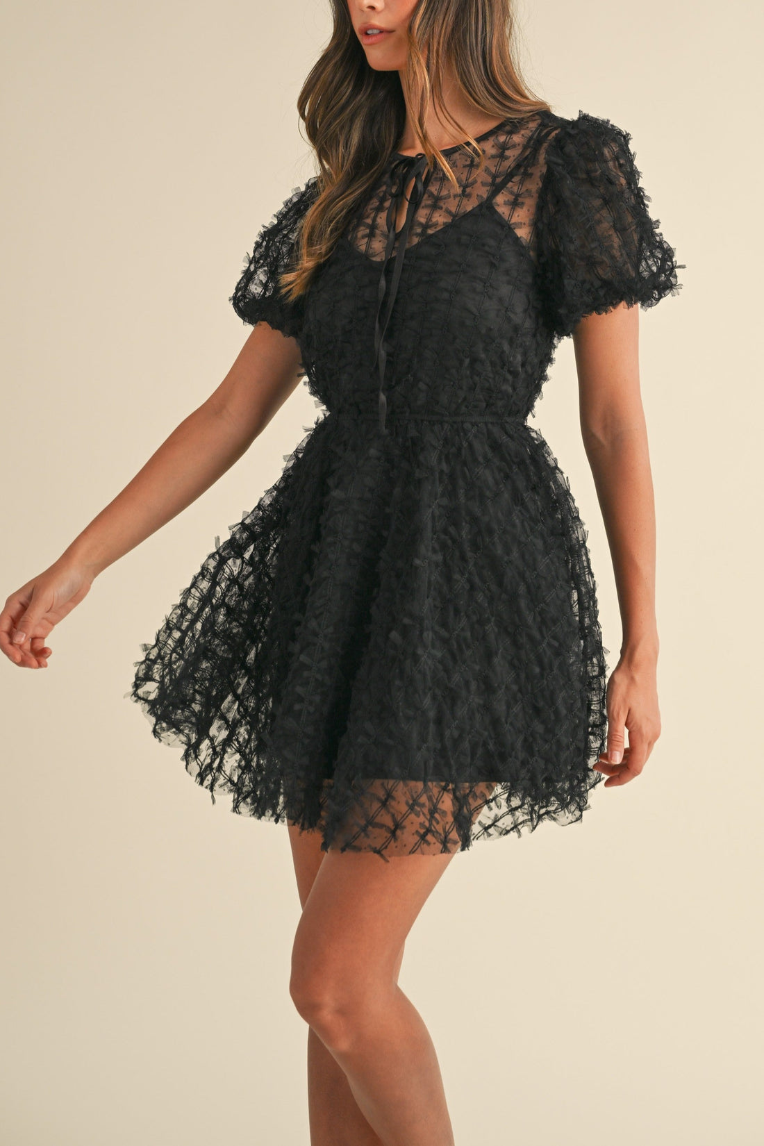 Textured Mesh Puff Sleeve Babydoll Dress