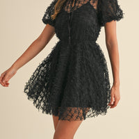 Textured Mesh Puff Sleeve Babydoll Dress