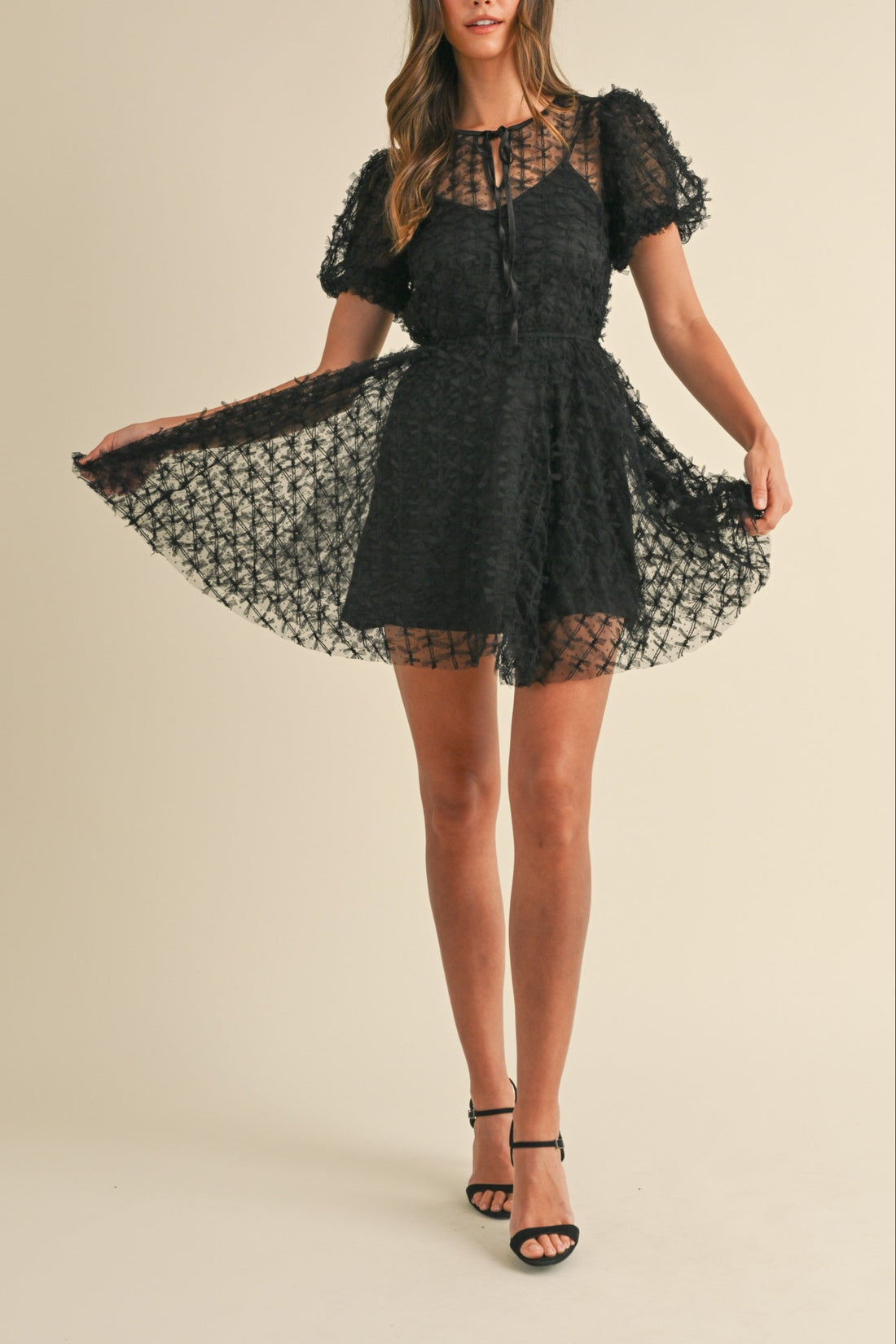 Textured Mesh Puff Sleeve Babydoll Dress