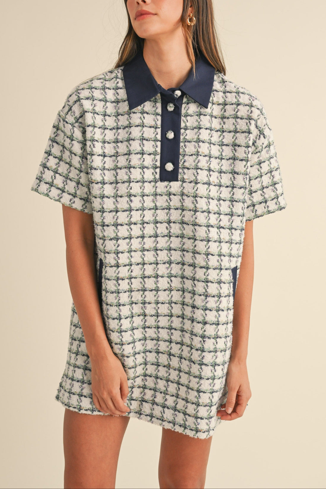 Collared Plaid Tweed Mini Dress