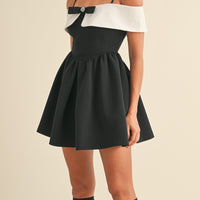 Bow Detail Off Shoulder Contrast Fit & Flare Dress