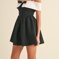 Bow Detail Off Shoulder Contrast Fit & Flare Dress