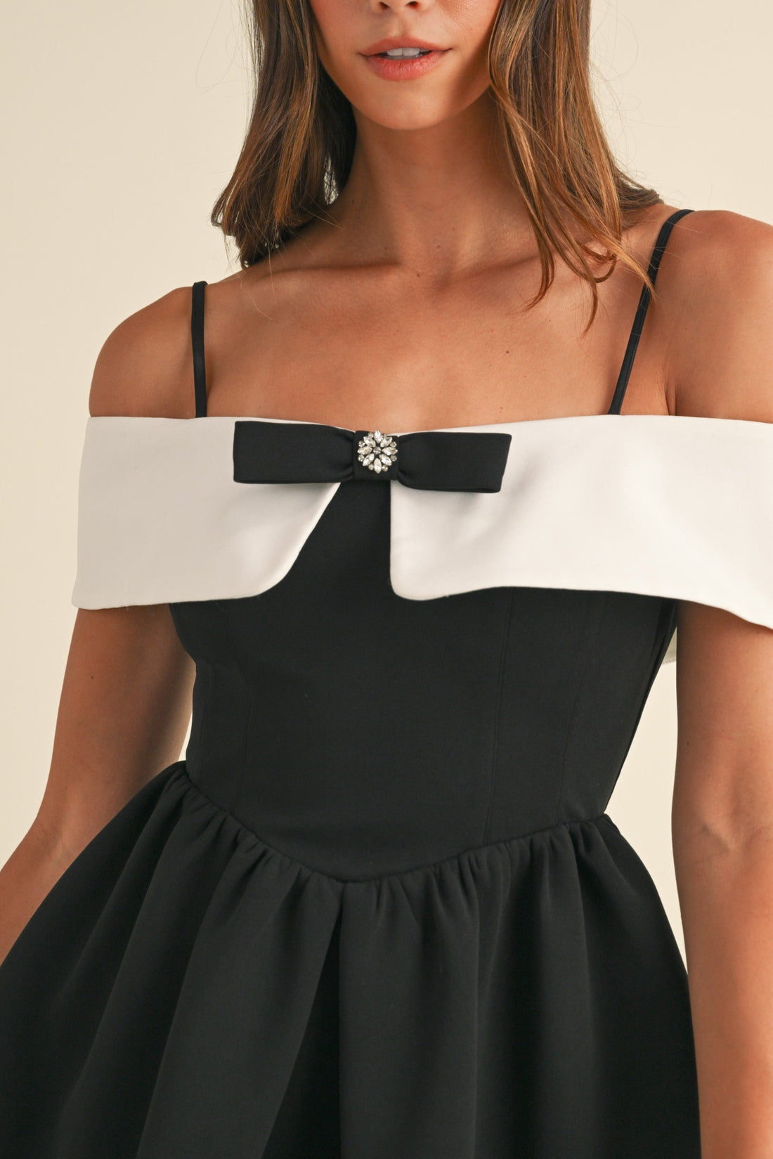 Bow Detail Off Shoulder Contrast Fit & Flare Dress
