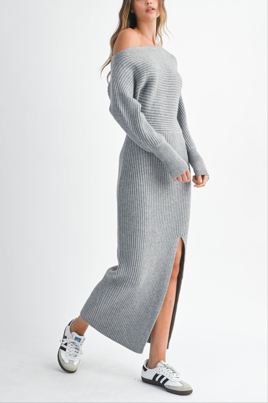 Off-Shoulder Ribbed Knit Sweater Dress with Side Slit