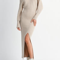 Off-Shoulder Ribbed Knit Sweater Dress with Side Slit