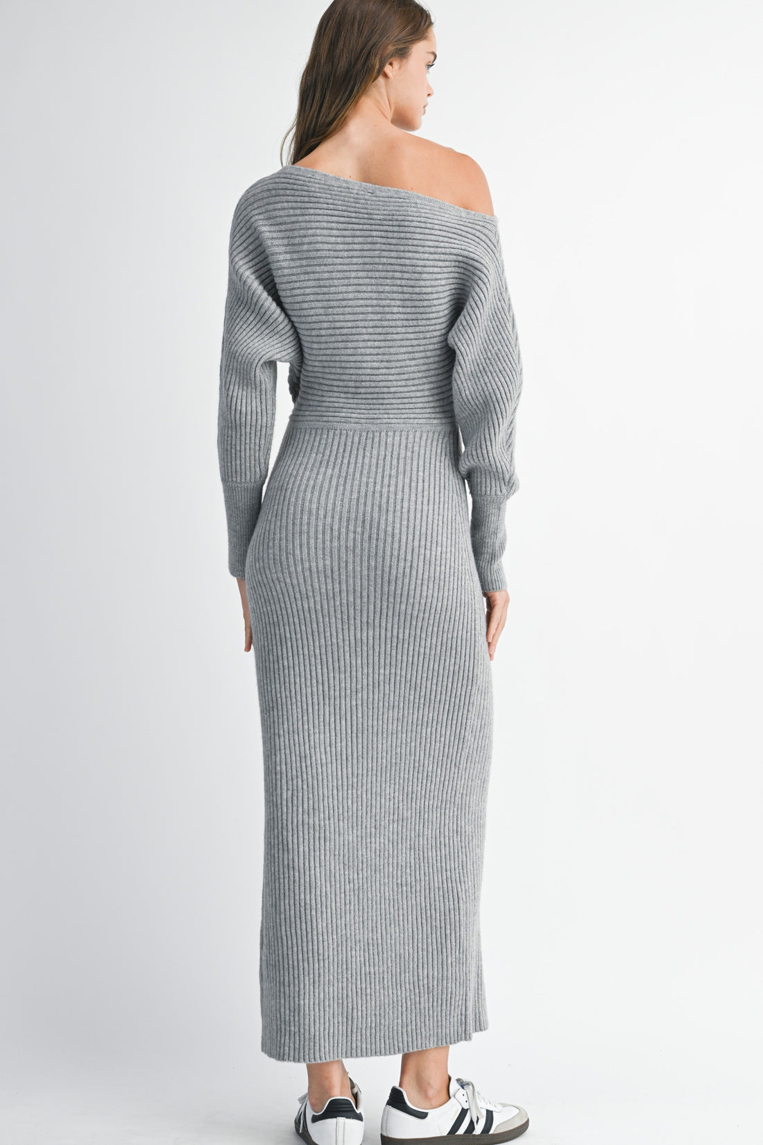 Off-Shoulder Ribbed Knit Sweater Dress with Side Slit