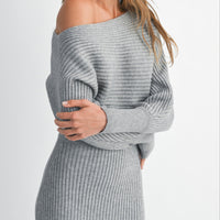 Off-Shoulder Ribbed Knit Sweater Dress with Side Slit