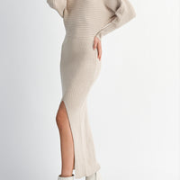 Off-Shoulder Ribbed Knit Sweater Dress with Side Slit