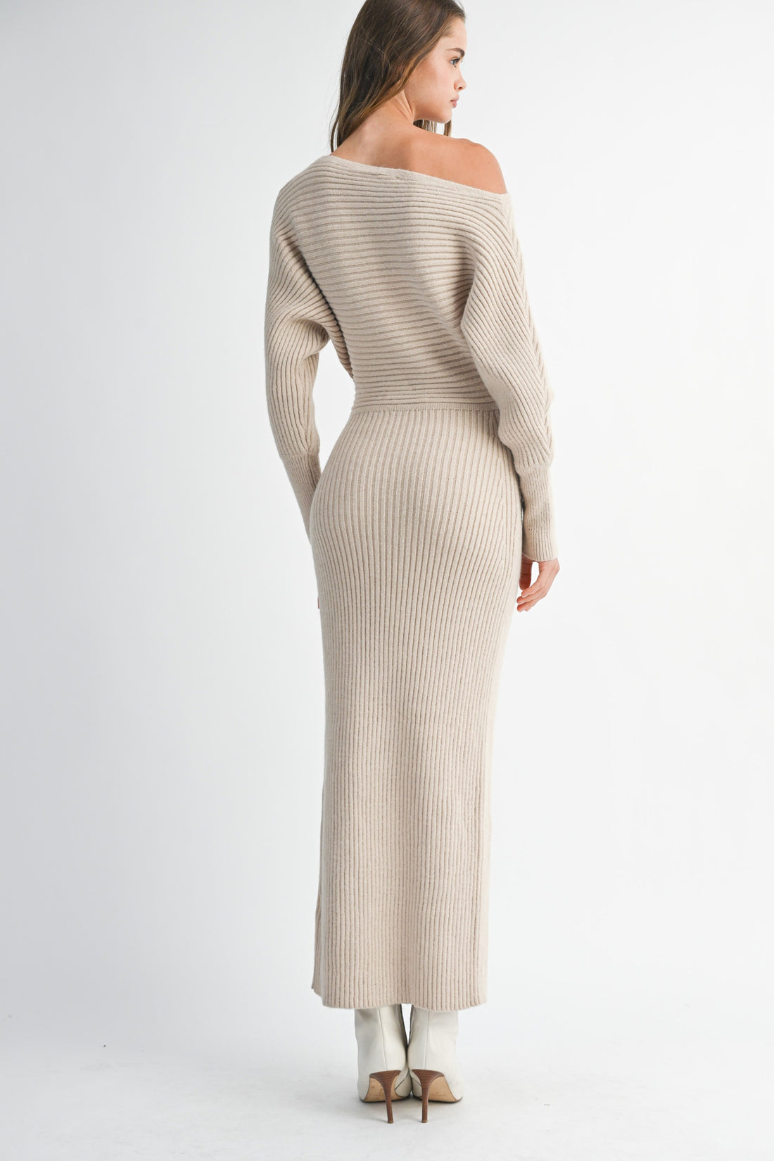 Off-Shoulder Ribbed Knit Sweater Dress with Side Slit