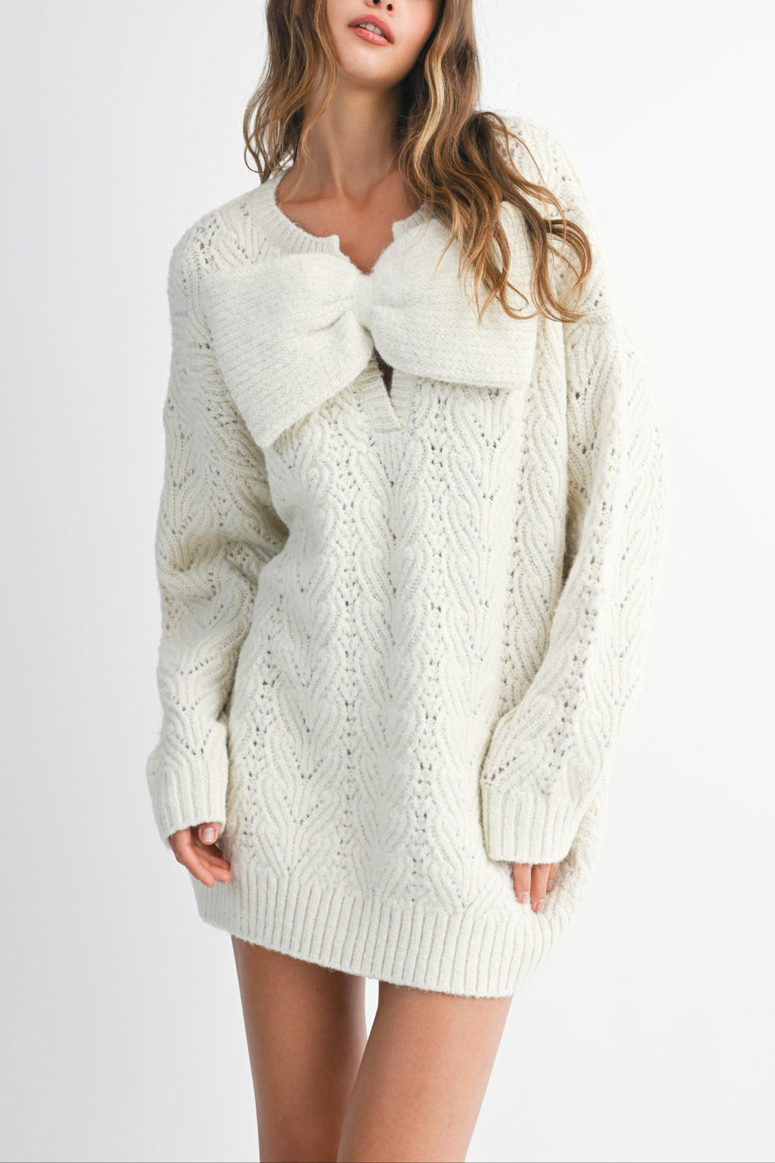 Bow Detail Cable Knit Oversized Sweater MIni Dress