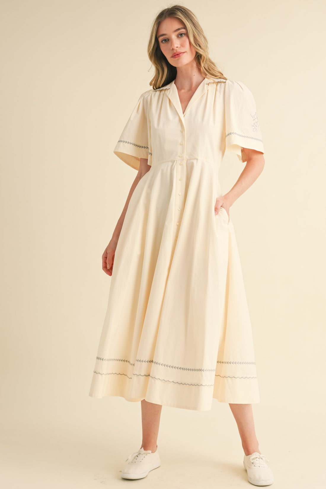 Embroidery Floral Button Down Maxi Dress