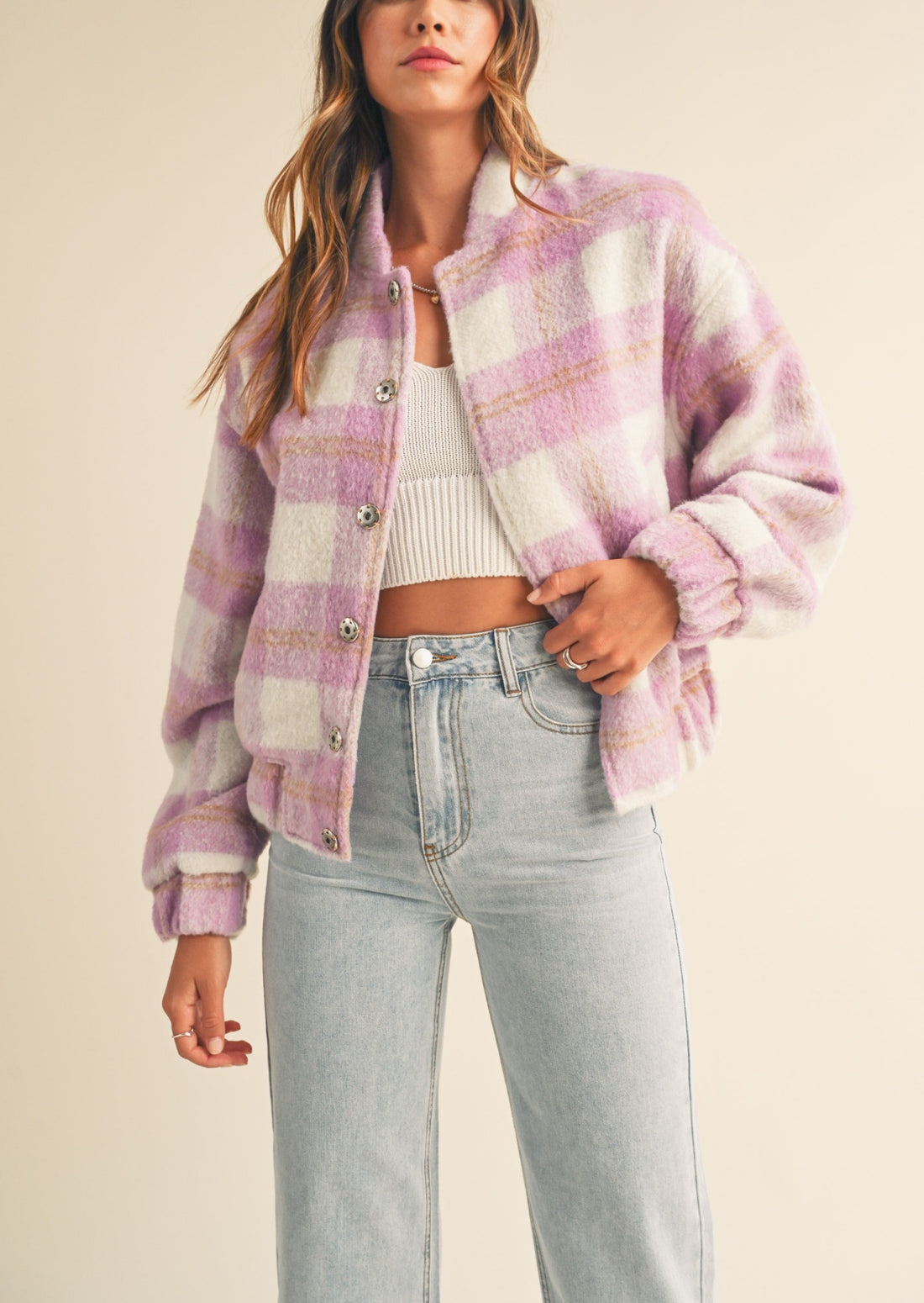 Fuzzy Plaid Bomber Jacket