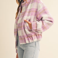 Fuzzy Plaid Bomber Jacket