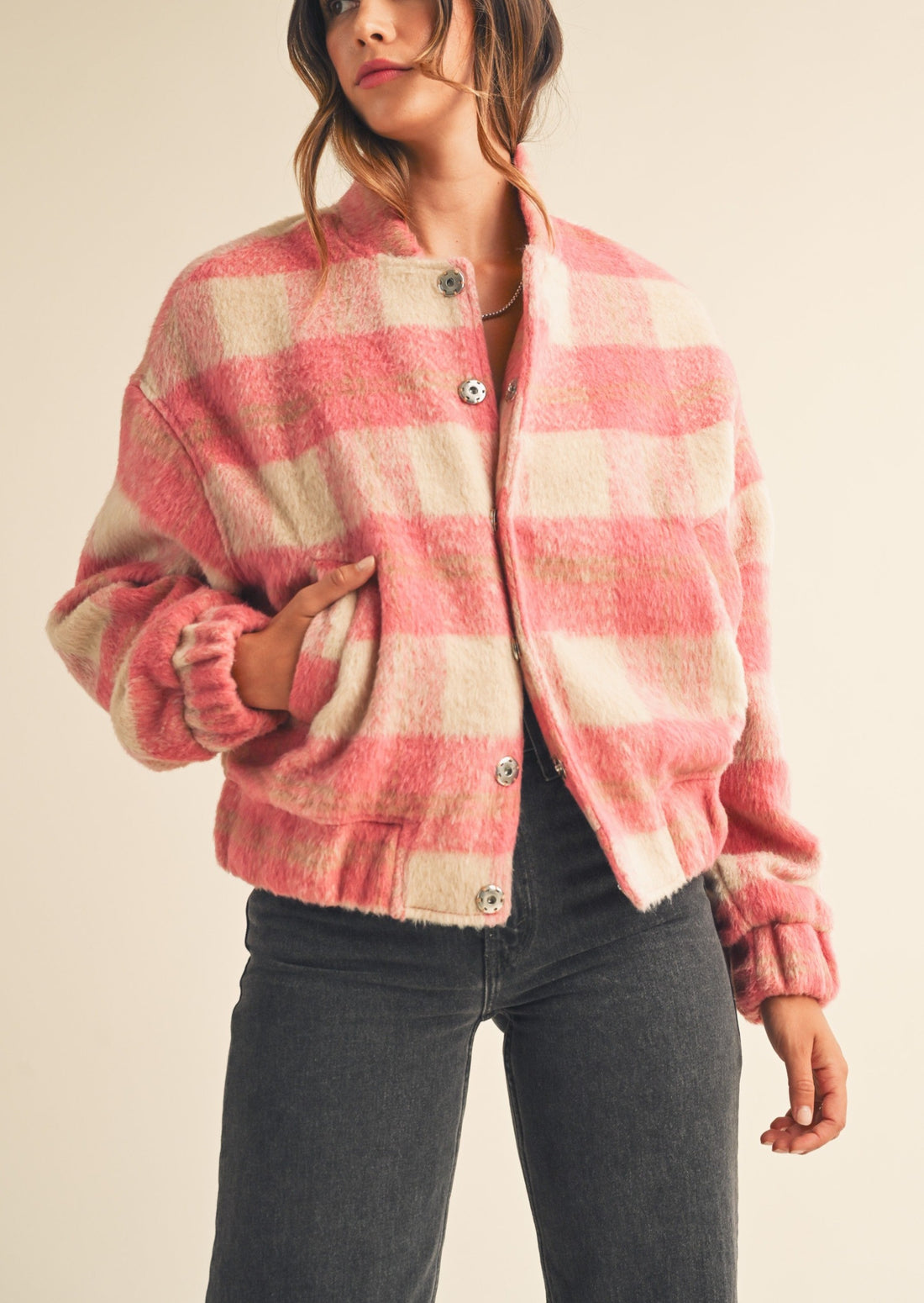 Fuzzy Plaid Bomber Jacket
