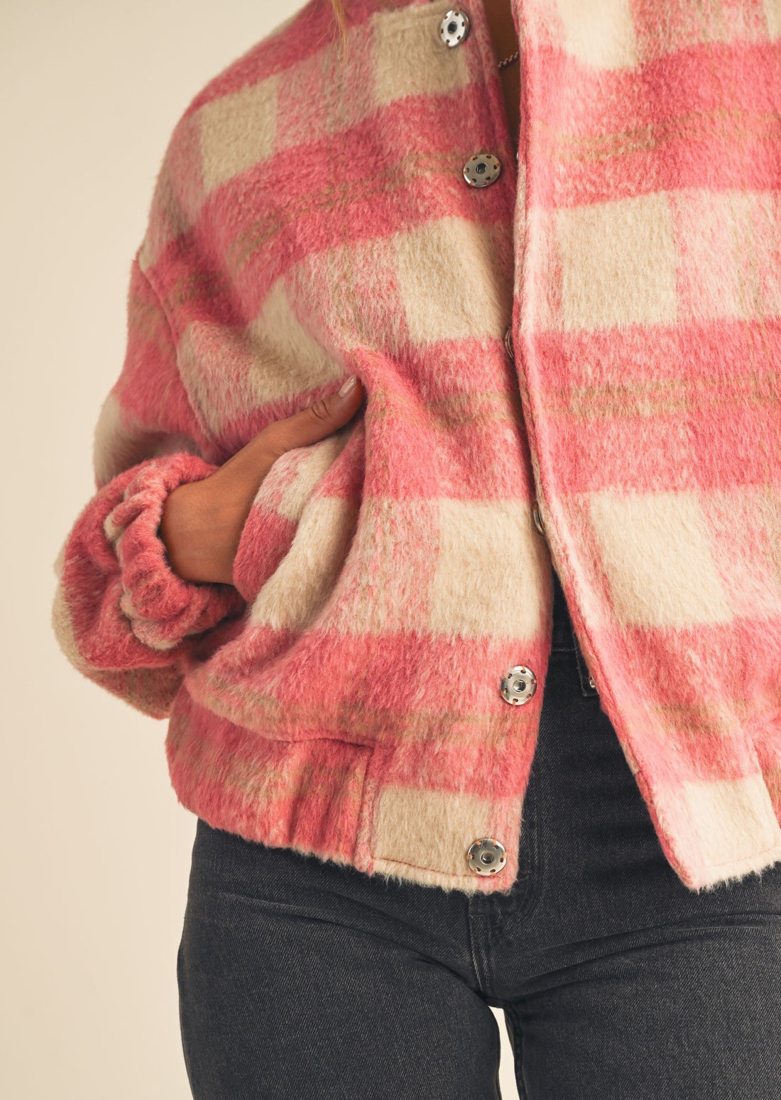 Fuzzy Plaid Bomber Jacket