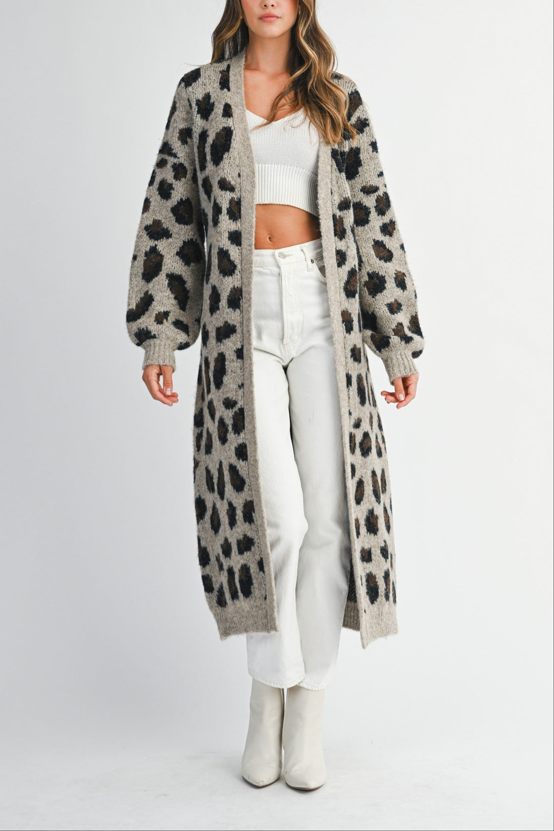 Leopard Print Long Knit Cardigan with Belt