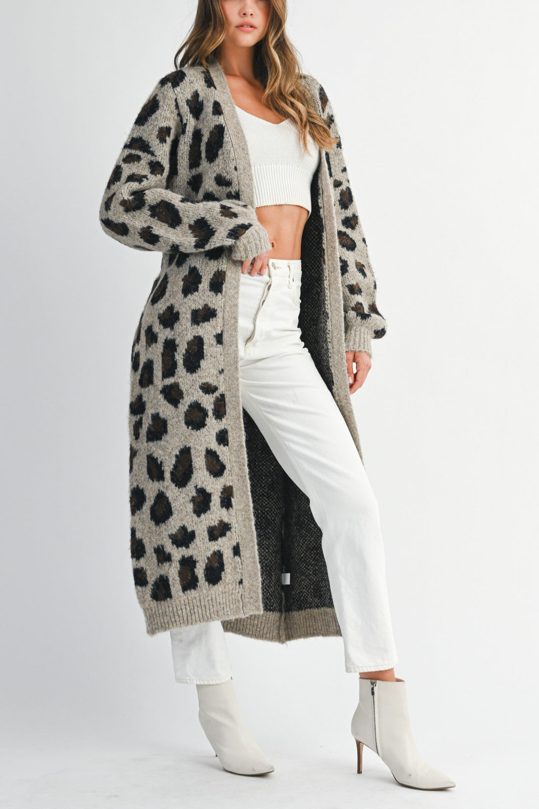 Leopard Print Long Knit Cardigan with Belt