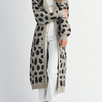 Leopard Print Long Knit Cardigan with Belt