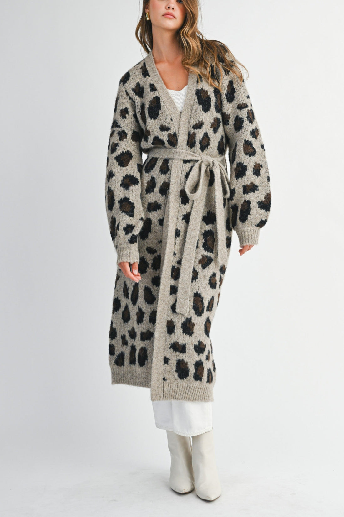 Leopard Print Long Knit Cardigan with Belt