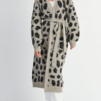 Leopard Print Long Knit Cardigan with Belt