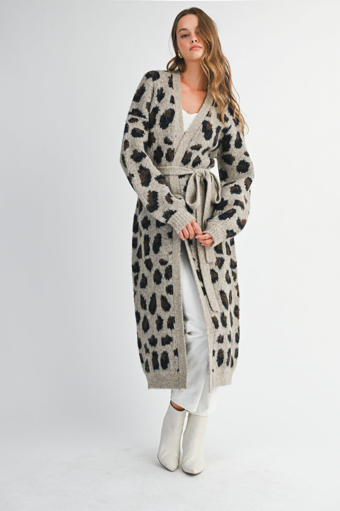 Leopard Print Long Knit Cardigan with Belt