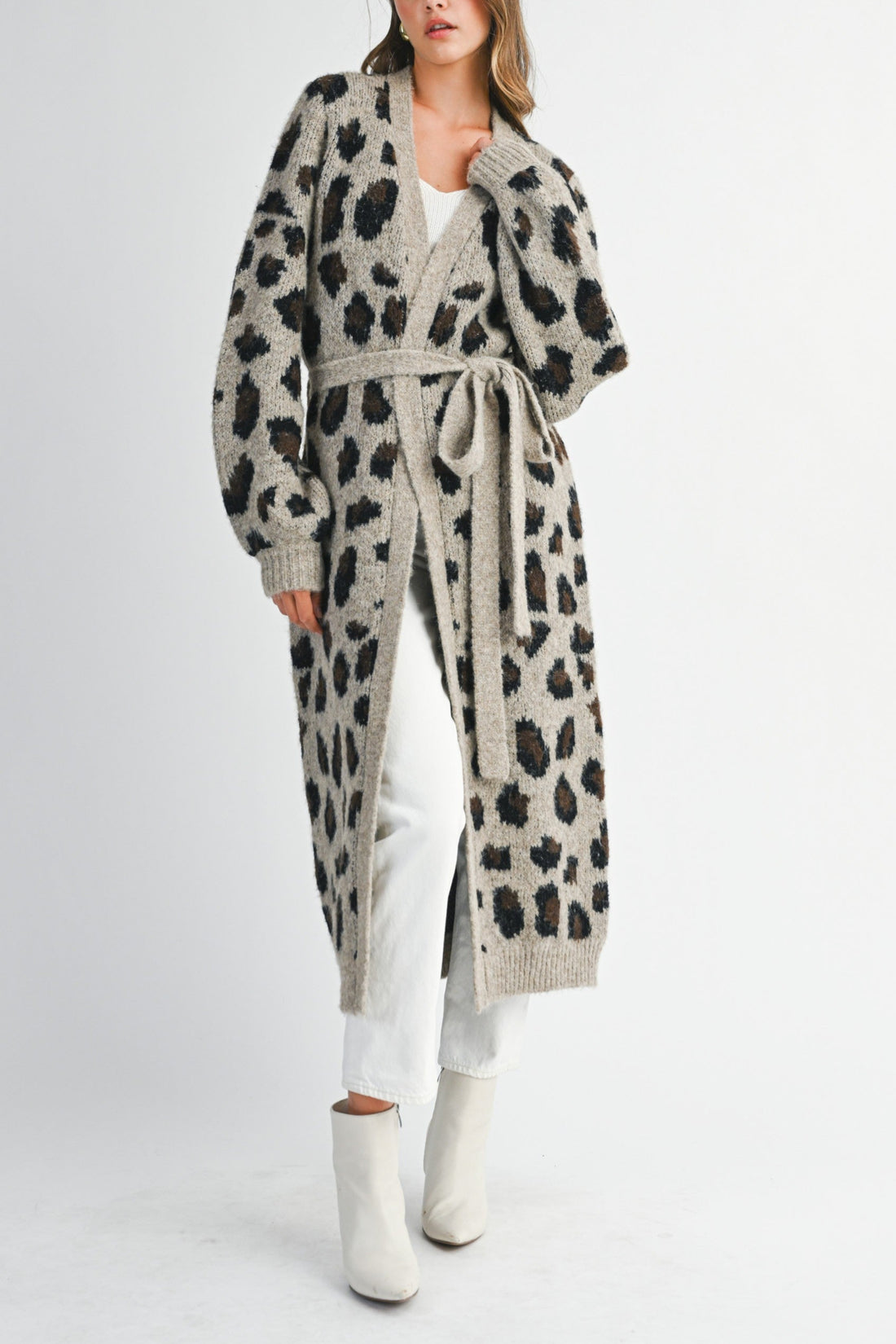 Leopard Print Long Knit Cardigan with Belt
