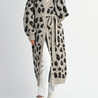 Leopard Print Long Knit Cardigan with Belt