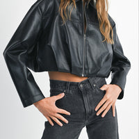 Faux Leather Pleated Bubble Hem Cropped Jacket