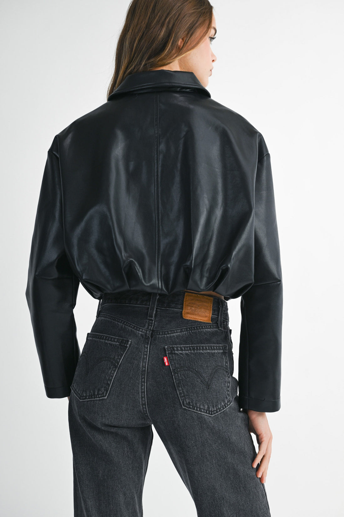 Faux Leather Pleated Bubble Hem Cropped Jacket