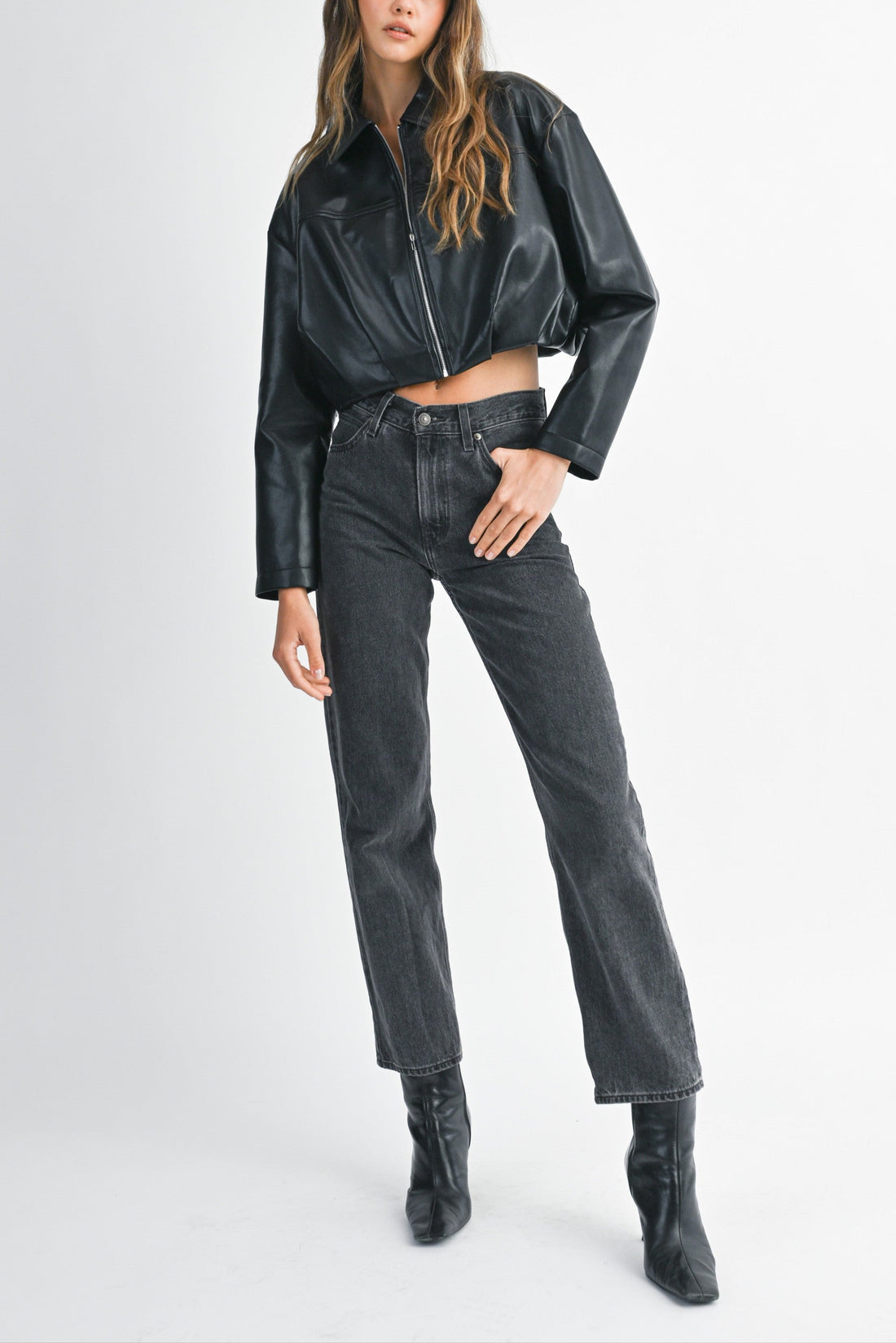 Faux Leather Pleated Bubble Hem Cropped Jacket