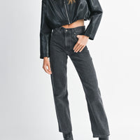 Faux Leather Pleated Bubble Hem Cropped Jacket