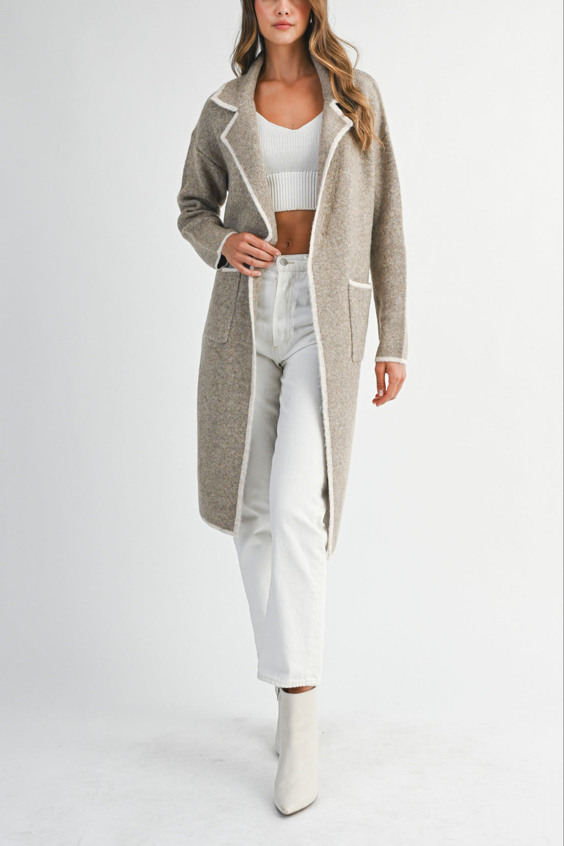 Contrast Trim Knit Lapel Open Cardigan