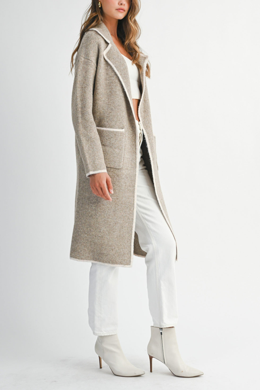 Contrast Trim Knit Lapel Open Cardigan