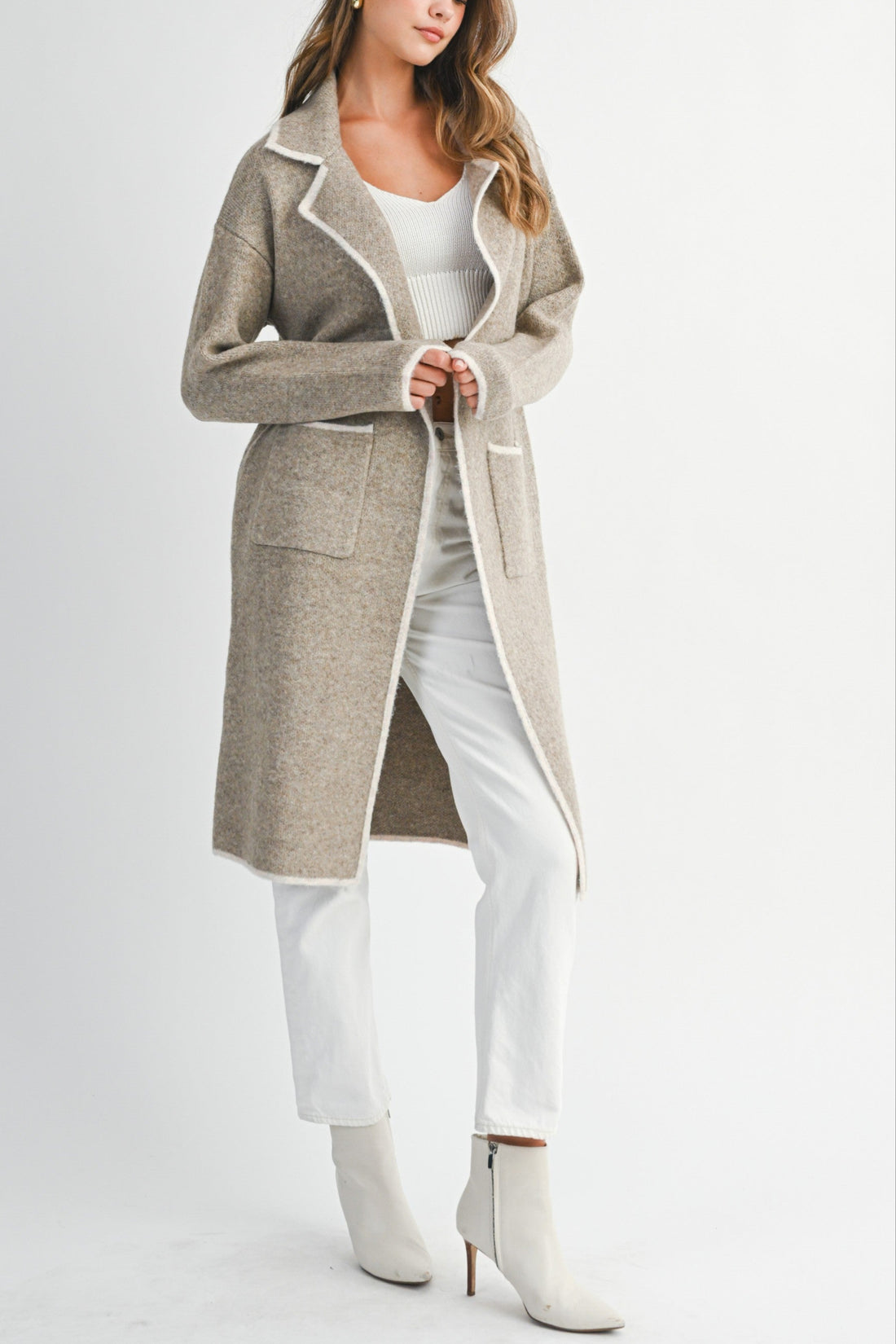 Contrast Trim Knit Lapel Open Cardigan