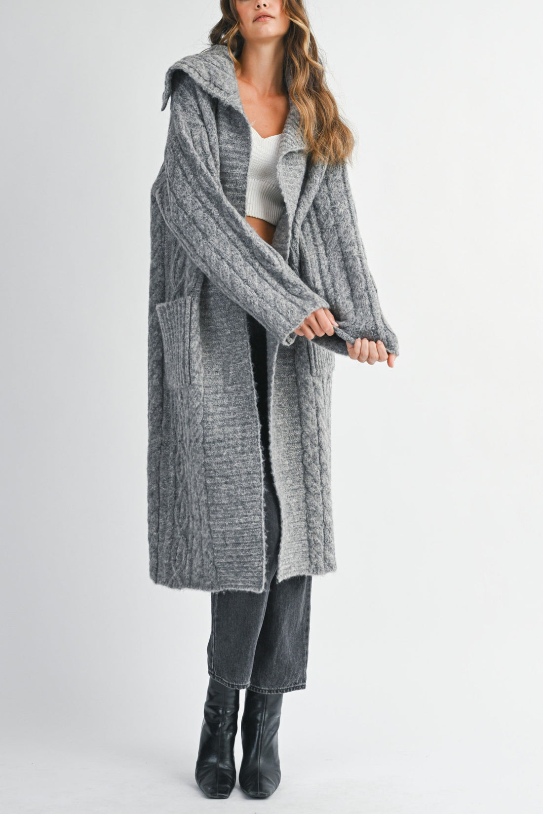 Cozy Cable Knit Longline Cardigan Coat with Hood