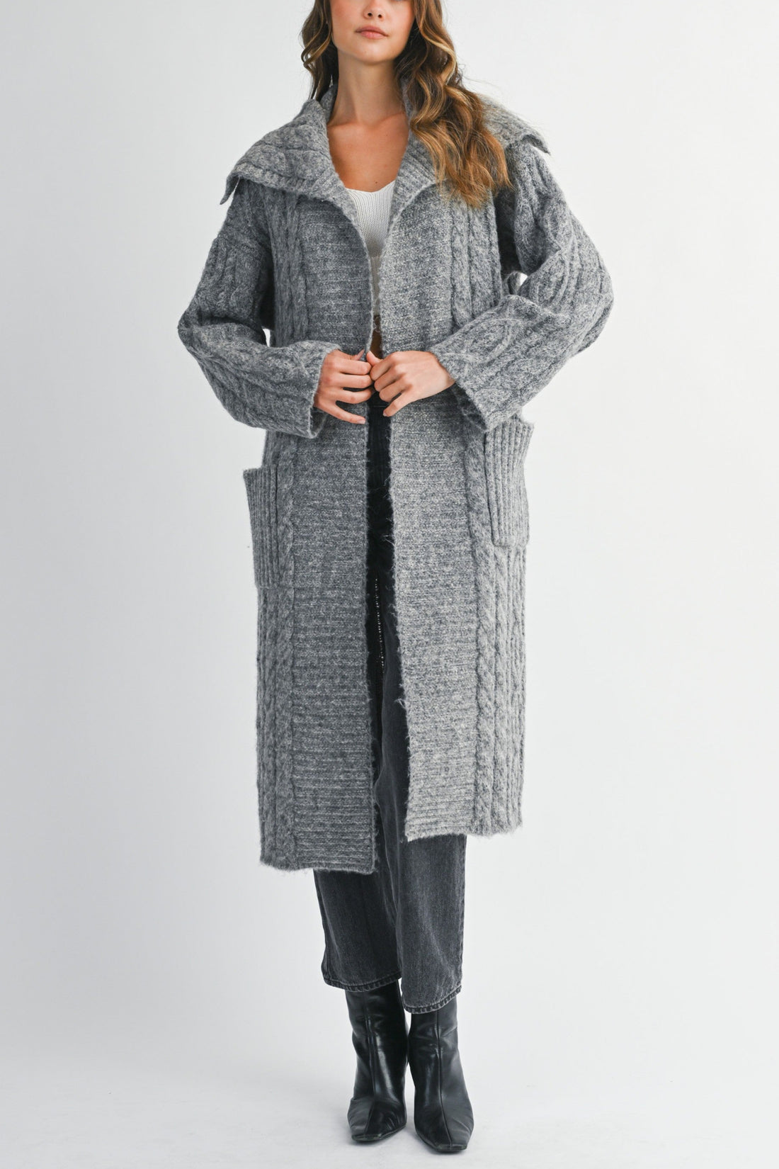Cozy Cable Knit Longline Cardigan Coat with Hood