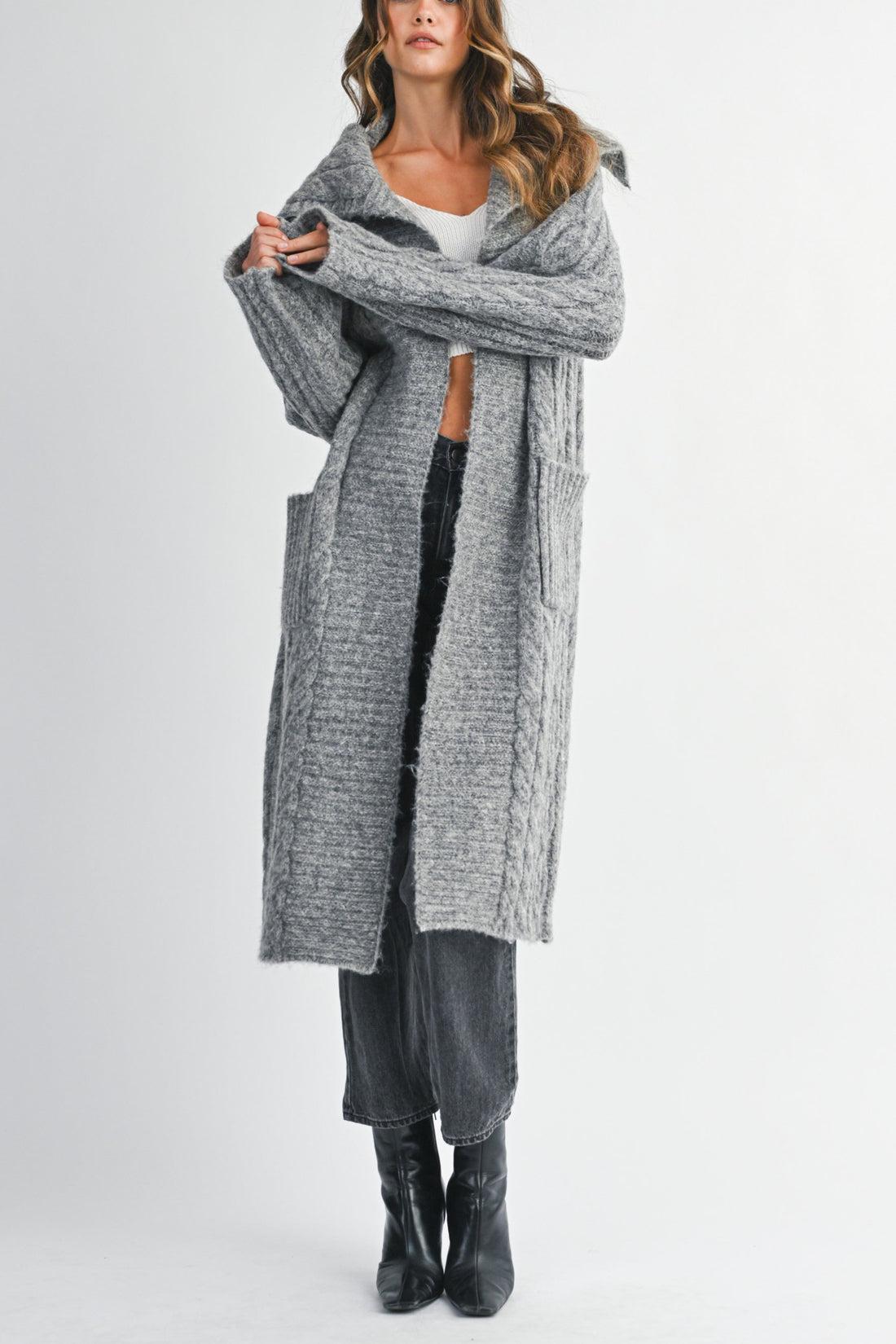 Cozy Cable Knit Longline Cardigan Coat with Hood
