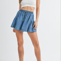 Side Pleated Flare Denim Shorts
