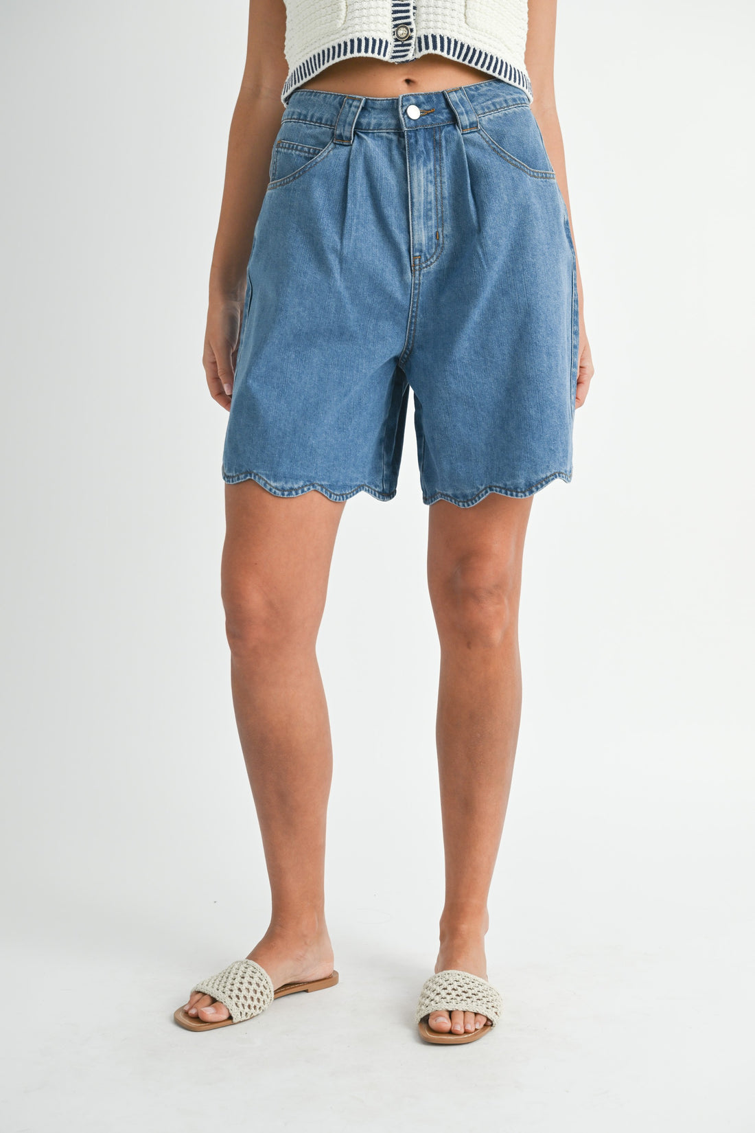 Scallop Hem Denim Bermuda Shorts