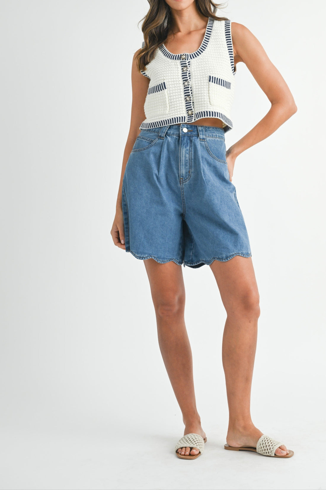 Scallop Hem Denim Bermuda Shorts