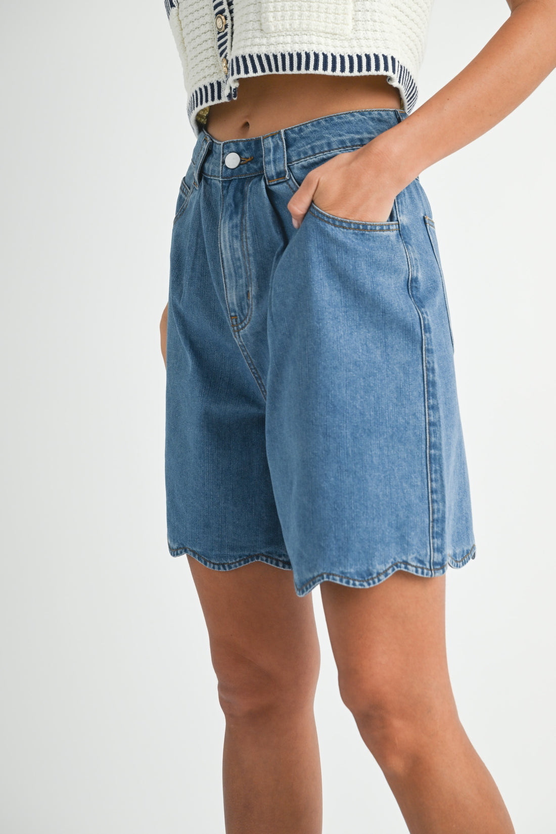 Scallop Hem Denim Bermuda Shorts