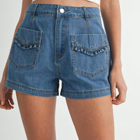 Cute Ruffle Front Pocket Denim Shorts
