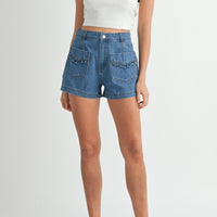 Cute Ruffle Front Pocket Denim Shorts