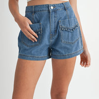 Cute Ruffle Front Pocket Denim Shorts