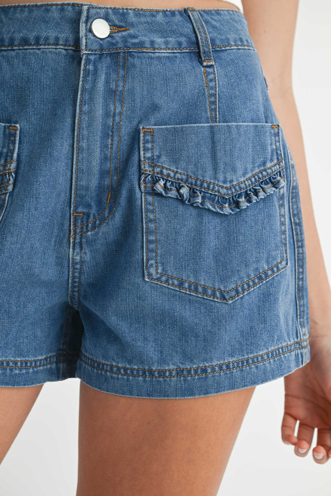 Cute Ruffle Front Pocket Denim Shorts