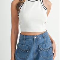 Cute Ruffle Front Pocket Denim Shorts